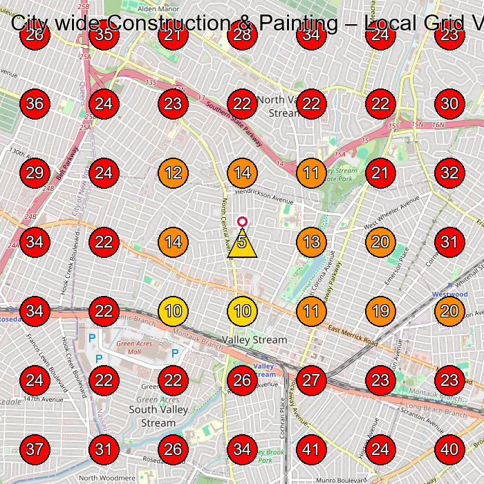 City wide Construction & Painting GeoGrid visibility map for General Contractor in Jamaica